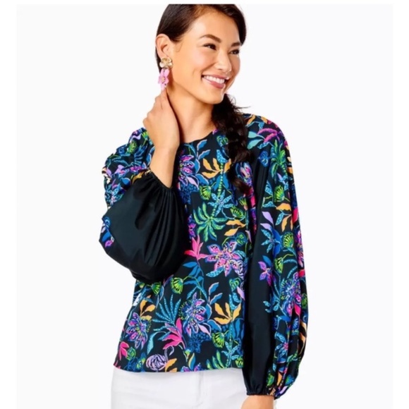 Lilly Pulitzer Imani Long Sleeve Top Blouse Tropic Floral Paradise Glow size XXS - Picture 3 of 15